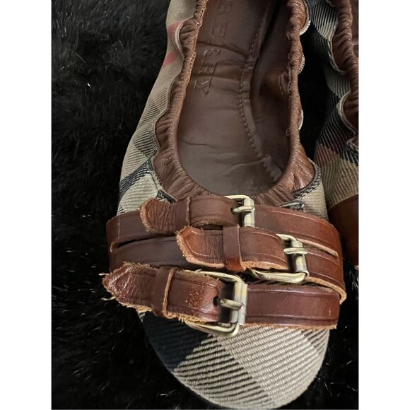 Burberry Brown Leather Canvas Nova Check Three Buckle Ballet Flats Shoes 9.5 - Picture 3 of 12